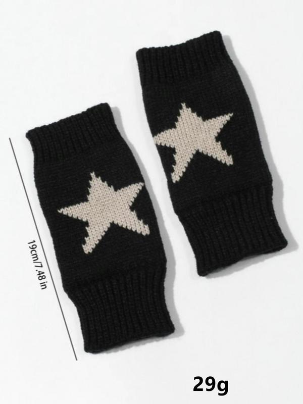 Star Print Design Half Finger Gloves, Casual Soft Comfort Outdoor Sports Gloves, Knitted Pentagram Pattern Kawaii Accessories for Fall & Winter