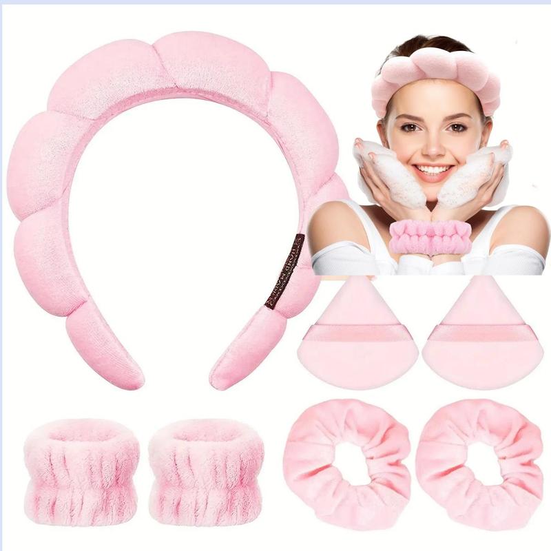 Soft Face Washing Headband & Makeup Tool Set, 7 Counts set Face Washing Headband & Hair Tie & Wristband & Powder Puff, Skincare Tools for Women