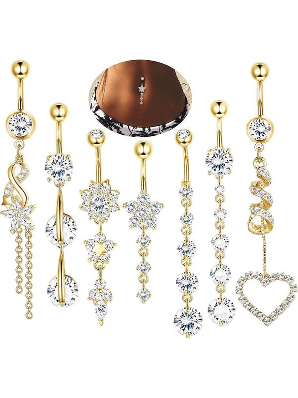 Women's Elegant Rhinestone & Flower & Heart Decor Belly Rings, Exquisite Trendy Belly Piercing Jewelry, Chic Body Jewelry for Party & Daily Decor