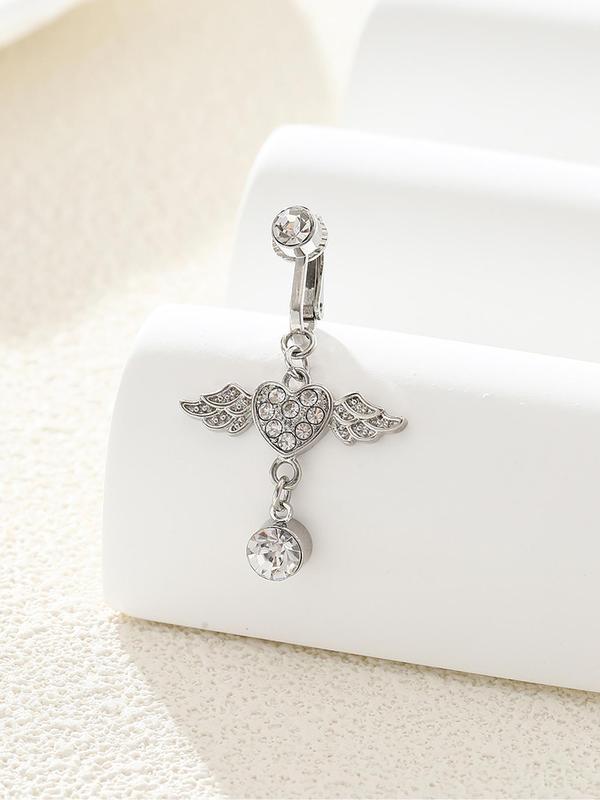 Heart & Wing Design Rhinestones Fake Belly Ring, No Punching Belly Non-piercing Jewelry for Daily Decoration & Party, Perfect for Women's Gift