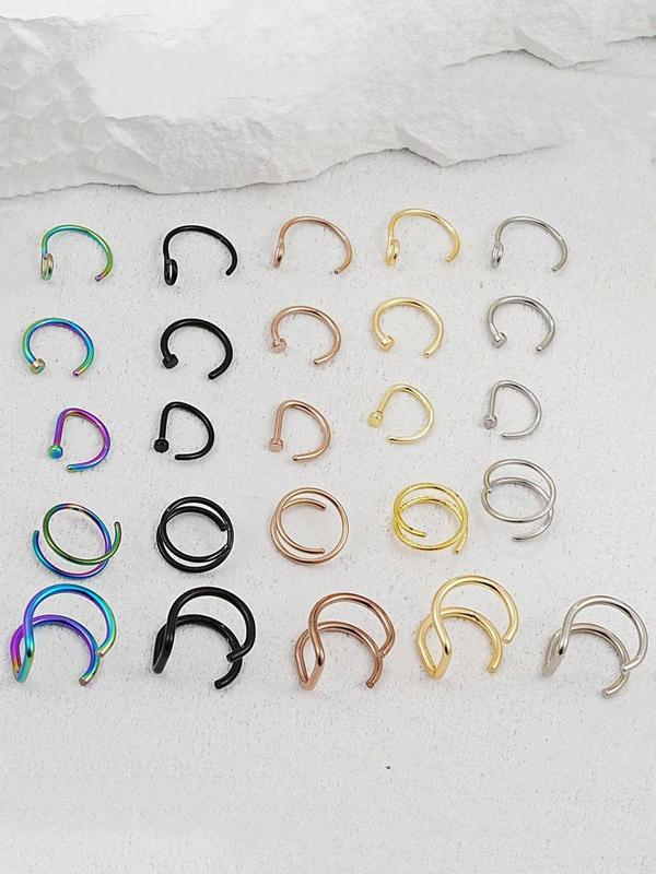 C-shaped Nose Rings, 5pcs set Classic Stainless Steel D-shaped Nose Rings, Double-layer Spiral Nose Rings, Piercing Fake Nose Rings, Body Piercing Jewelry Sets, Body Piercing Nose Rings Jewelry