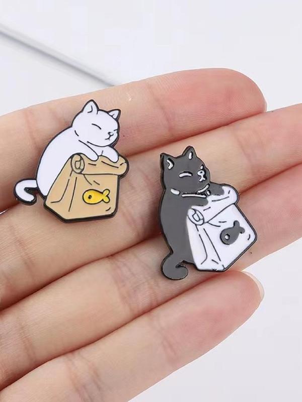 2pcs Cute Cartoon Cat Design Brooch, Animal Themed Clothes Brooch, Fashion Accessories For Men & Women