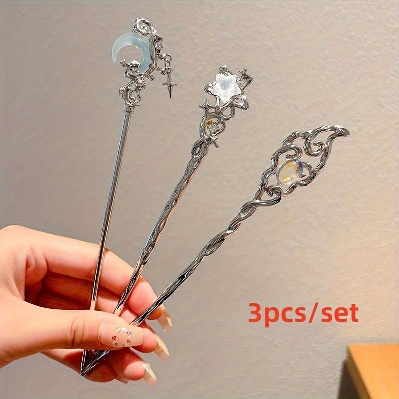 3PCS Moonstone Alloy Hairpin Set For Women, Chic Elegant Minimalist Crescent Motifs Moon Star Casual Hair Accessories, Perfect For Holiday Party Daily Wear, Christmas Gifts For Her