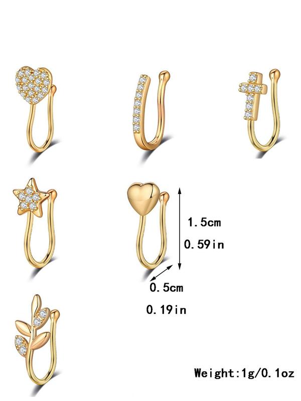 Rhinestone Decor Fake Nose Ring, 6 Counts Punk Leaf & Heart & Star & Cross Design Nose Ring for Party & Daily Decor, Trendy  Exquisite Jewelry for Gift