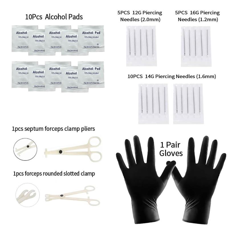 94PCS Mixed-pack Piercing Kits for All Body Piercings Stainless Steel 14G 16G 20G Jewelry and Needle with Tools 10Pcs Alcohol Pad Nose Septum Lip Ear Belly Button Cartilage Tragus