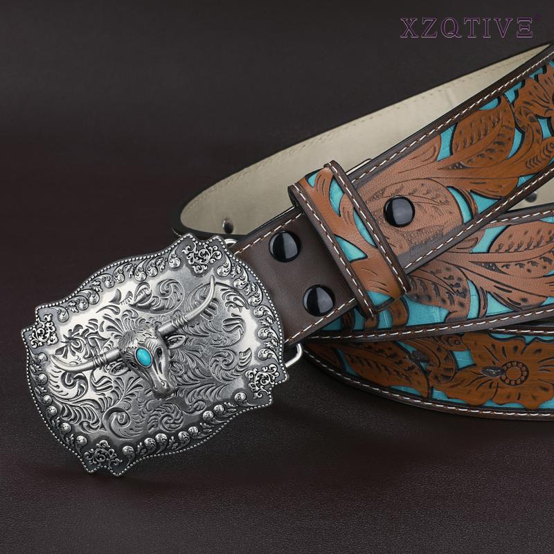 XZQTIVE Western Leather Buckle Belt for Men Women Floral Engraved Cowboy Belt for Jeans Longhorn Bull Buckle Waist Belt, L