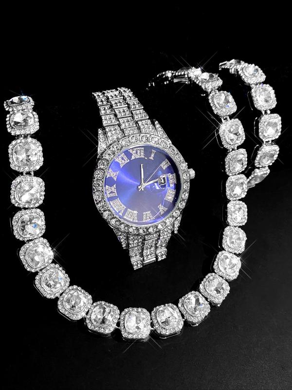 Men's Rhinestone Decorated Watch & Jewelry Set, Fashion Round Dial Analog Quartz Watch & Necklace & Bracelet, Trendy Watch Set for Party, Daily Decor, Exquisite Watch Set for Gift