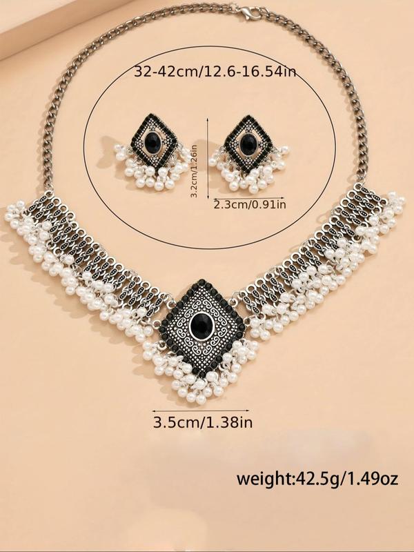 Faux Pearl Decorated Geometric Design Pendant Necklace & Dangle Earrings, Fashion Rhinestones Jewelry Set for Party, Classic Fashion Accessories for Daily Wear