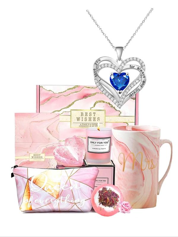 Heart Shaped Pendant Necklace with Cup & Makeup Bag & Aromatherapy Set, Rhinestone Decor Necklace Set, Trendy All-match Jewelry Set for Women