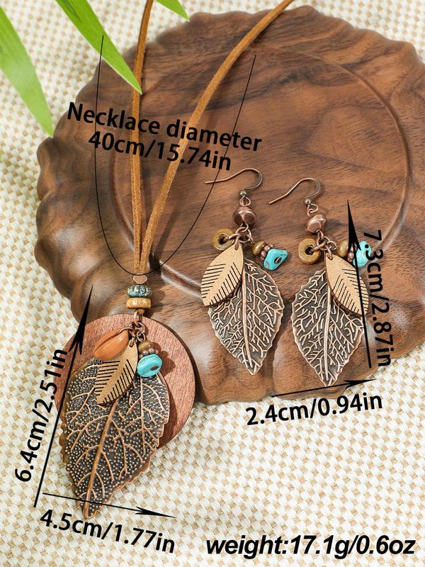 Women's Boho Style Leaf Design Jewelry Set, Vintage Pendant Necklace & Dangle Earrings, Elegant Jewelry Set for Women & Girls