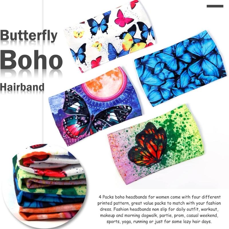 Butterfly Boho Headbands for Women Wide Headband Printed Head Wraps Thick Hairbands Large African Sport Yoga Turban Hair Bands Accessories (Pack of 4)