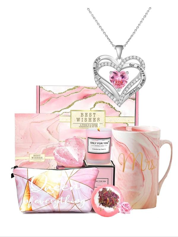 Heart Shaped Pendant Necklace with Cup & Makeup Bag & Aromatherapy Set, Rhinestone Decor Necklace Set, Trendy All-match Jewelry Set for Women