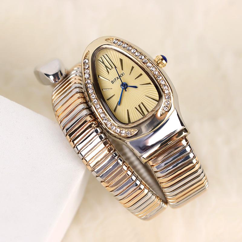 Serpentine Quartz Watch with Two-Tone Fashionable Diamond-Studded Bracelet, Open Cuff Ladies' Watch Snake shaped watch tiny watch