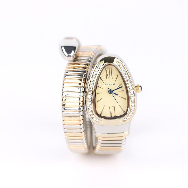 Serpentine Quartz Watch with Two-Tone Fashionable Diamond-Studded Bracelet, Open Cuff Ladies' Watch Snake shaped watch tiny watch