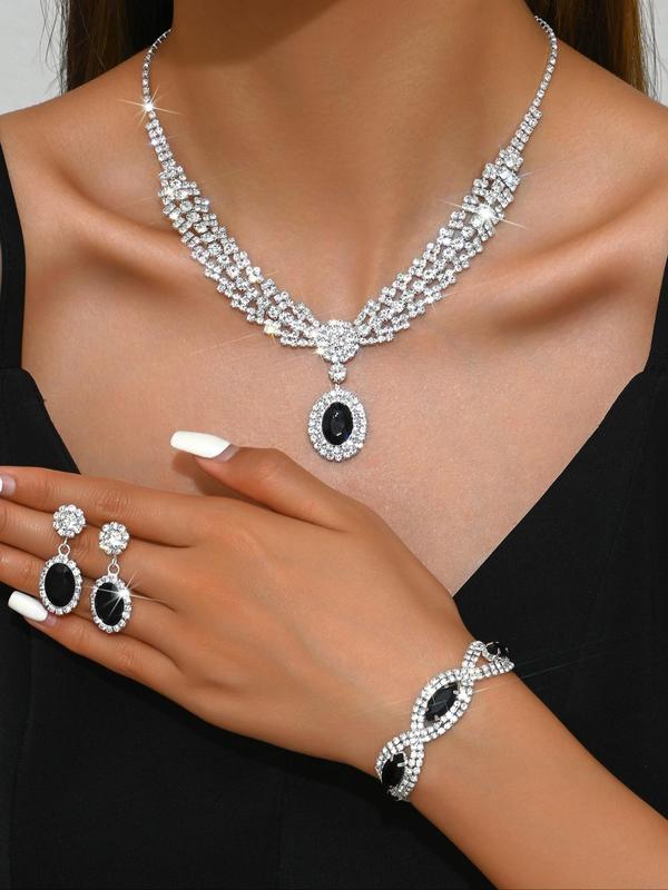 Women's Elegant Rhinestone Decorated Jewelry Set, Exquisite Trendy Necklace & Dangle Earrings & Bracelet, Chic Jewelry Set for Party Decoration