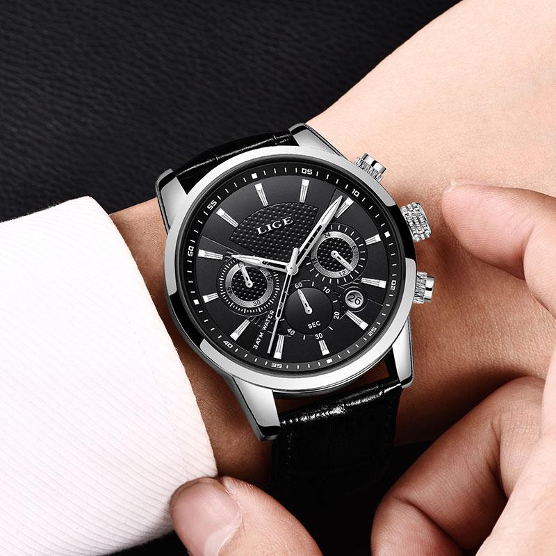 LIGE waterproof luminous multifunctional  quartz cool watch adult stainless steel  Retro   Round