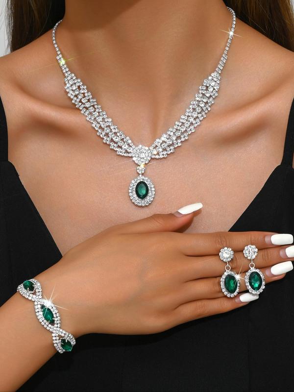 Women's Elegant Rhinestone Decorated Jewelry Set, Exquisite Trendy Necklace & Dangle Earrings & Bracelet, Chic Jewelry Set for Party Decoration