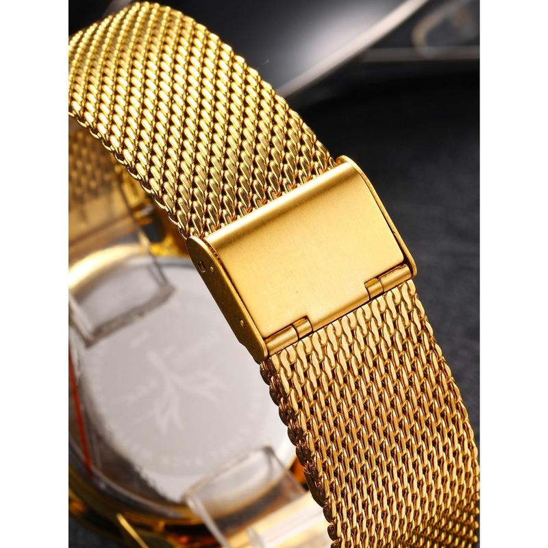 Fashionable Quartz Watch For Men With Gold Mesh Band