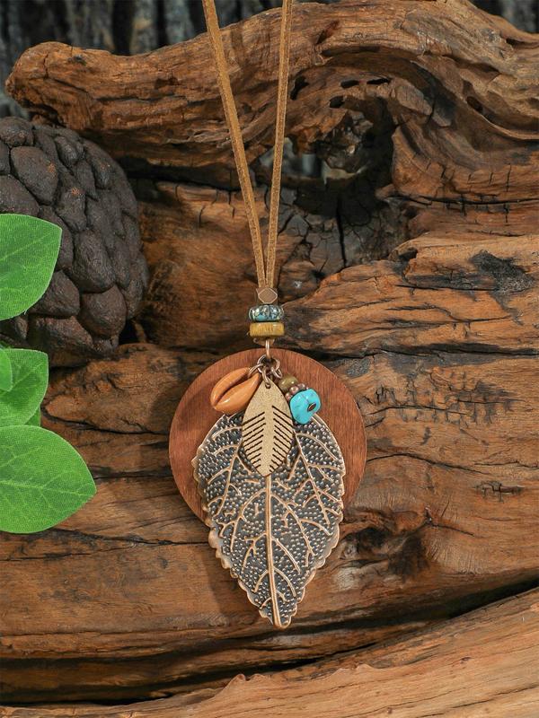 Women's Boho Style Leaf Design Jewelry Set, Vintage Pendant Necklace & Dangle Earrings, Elegant Jewelry Set for Women & Girls