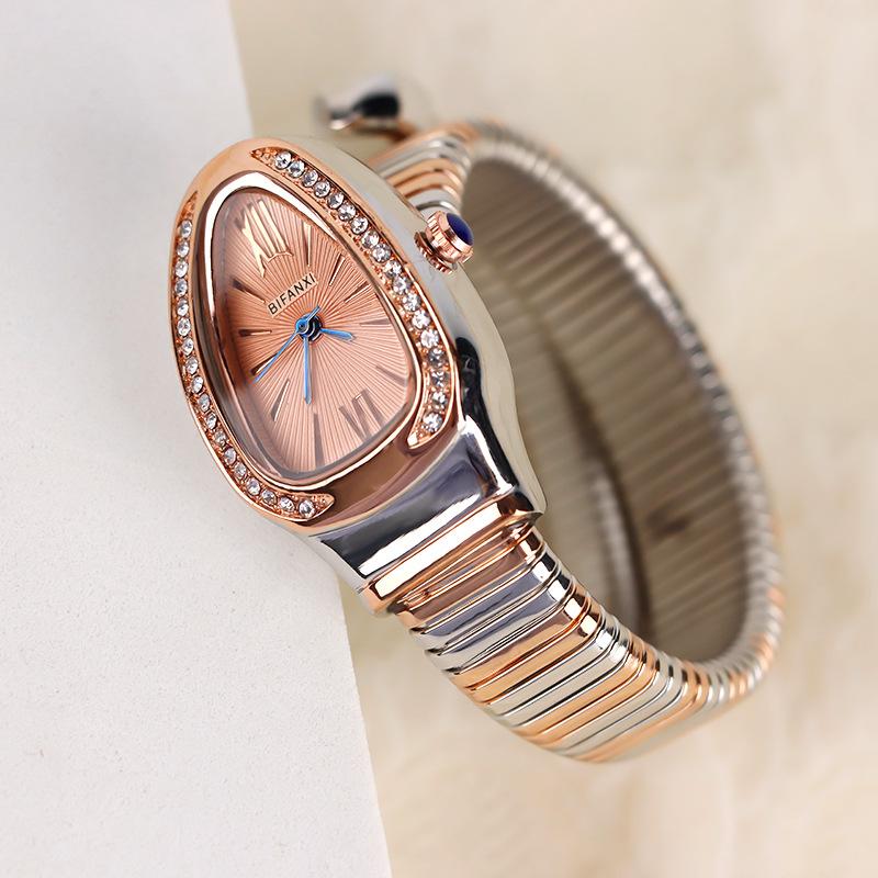 Serpentine Quartz Watch with Two-Tone Fashionable Diamond-Studded Bracelet, Open Cuff Ladies' Watch Snake shaped watch tiny watch