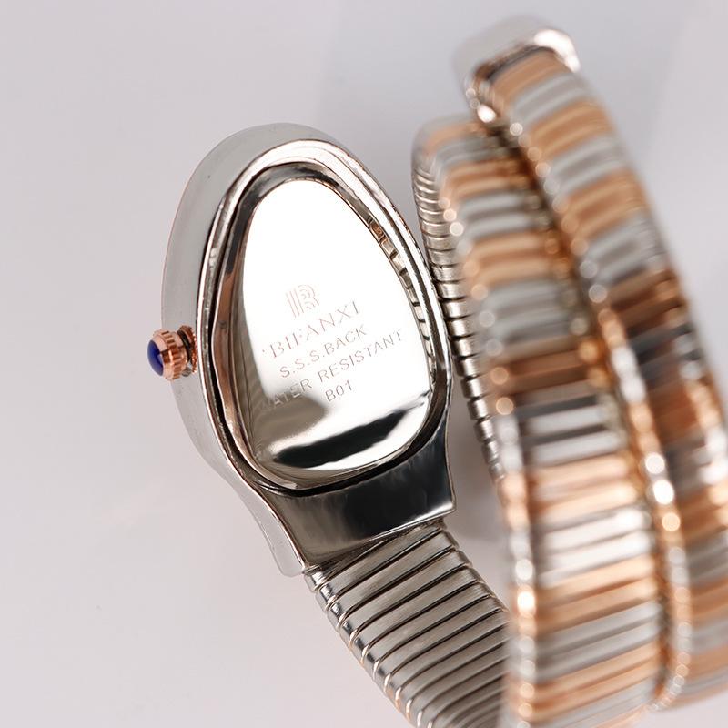 Serpentine Quartz Watch with Two-Tone Fashionable Diamond-Studded Bracelet, Open Cuff Ladies' Watch Snake shaped watch tiny watch