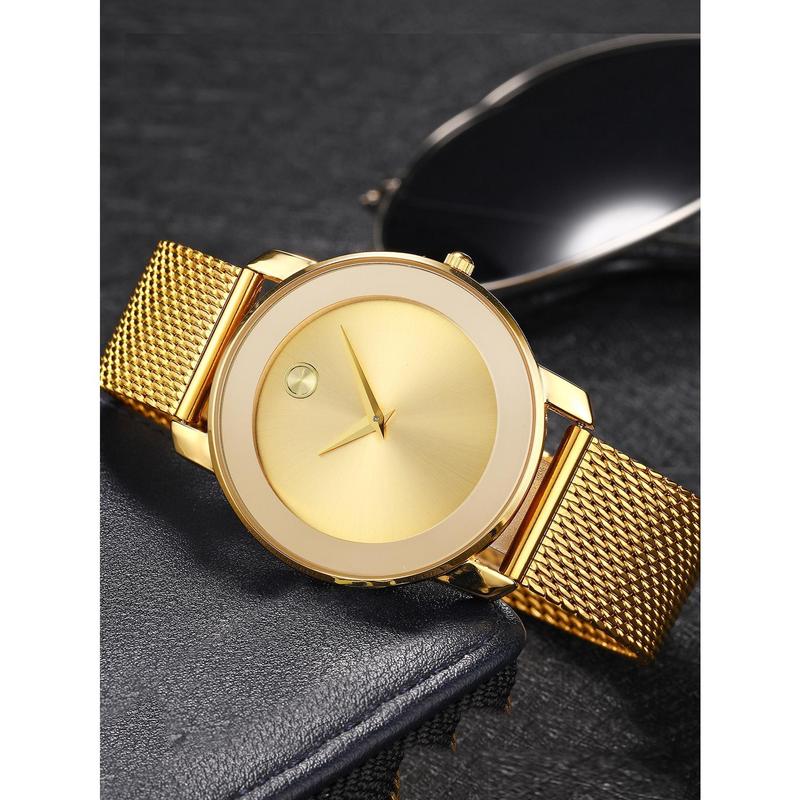 Fashionable Quartz Watch For Men With Gold Mesh Band