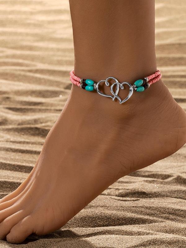 Boho Style Heart Decor Beaded Anklet, Fashionable Double Layer Foot Jewelry for Women & Girls, Fashion Jewelry for Party, Daily Clothing Decor, Trendy All-match & Exquisite Jewelry for Birthday Gift