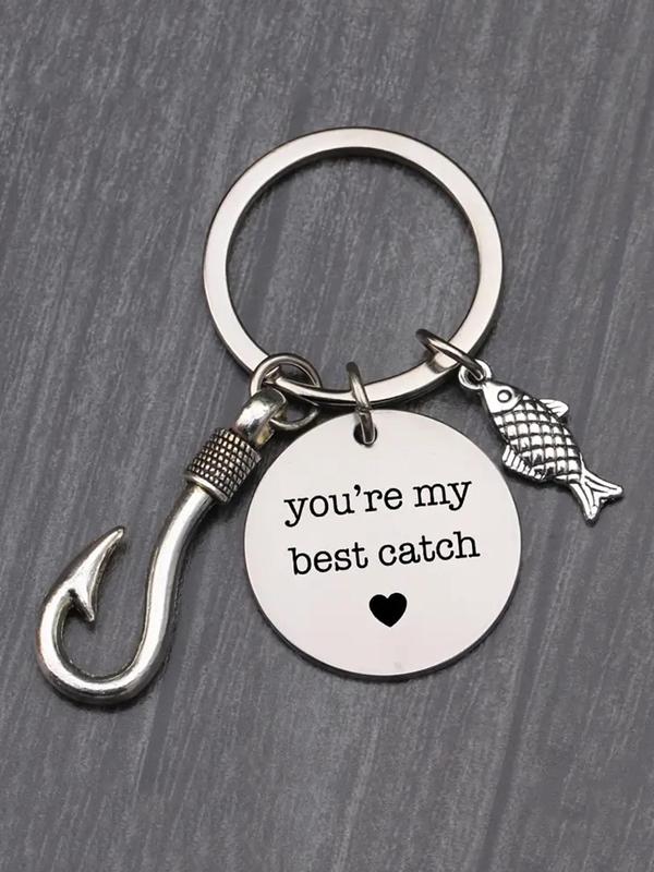 Fashion Letters Heart Print Round Shaped Keychain, with Fish & Fish Hook Charm Decor, Stainless Steel Keychain for Men Women, Car Keys, Bag Decoration