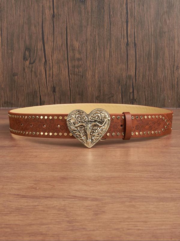 Women's Vintage Western Belt, Fashion Heart Shaped Bull Head Decor Belt for Party, Daily Clothing Decor, Trendy All-match & Exquisite Belt for Birthday Gift