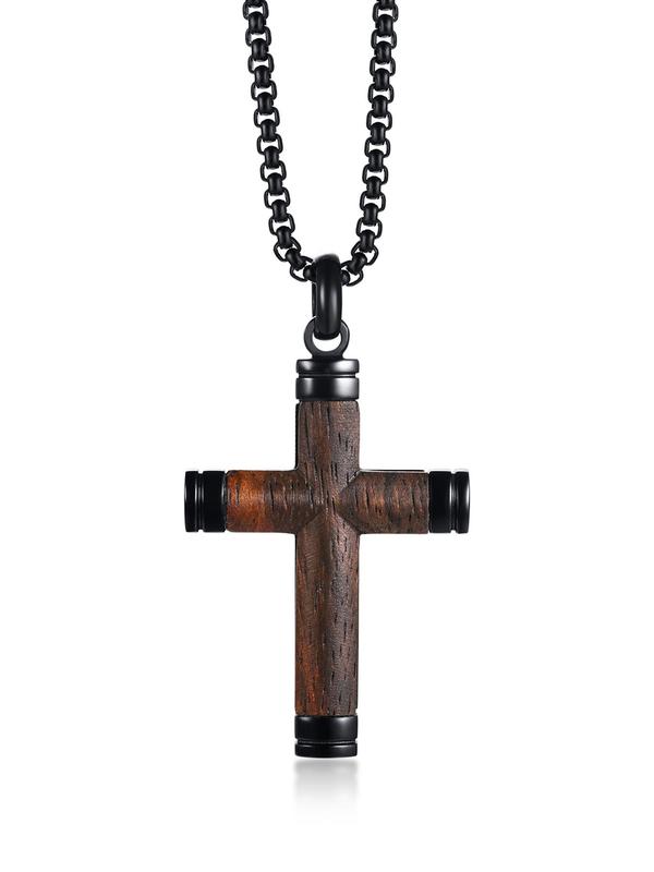 Men's Wooden Cross Pendant Necklace, Stainless Steel Jewelry for Party, Men Jewelry, Daily Clothing Decor, Trendy All-match & Exquisite Jewelry for Birthday Gift