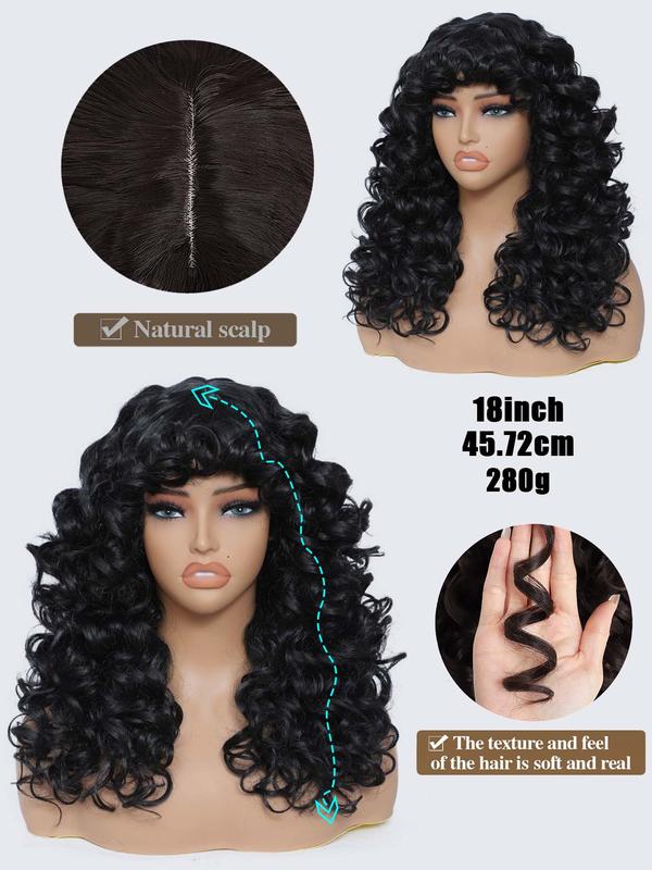 18 Inch Long Afro Curly Wigs for Women & Girls,  Natural Wavy Wig, Gorgeous Fluffy Wigs with Curly Bangs, Glueless Synthetic Hair Wigs for Cosplay & Costume Party, Beginners Glueless Wig Hairstyle Ideas