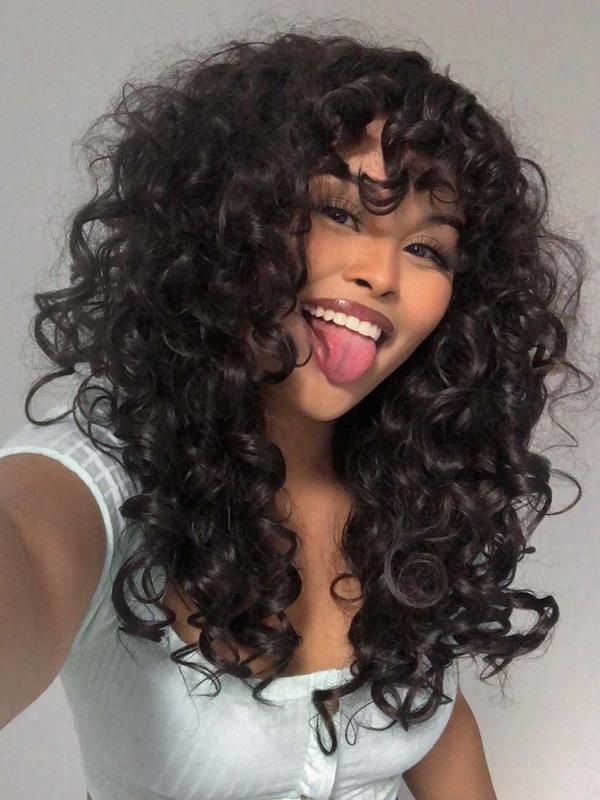 18 Inch Long Afro Curly Wigs for Women & Girls,  Natural Wavy Wig, Gorgeous Fluffy Wigs with Curly Bangs, Glueless Synthetic Hair Wigs for Cosplay & Costume Party, Beginners Glueless Wig Hairstyle Ideas