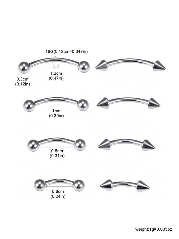 Stainless Steel Eyebrow Piercing Curved Barbell (8counts), Micro Eyebrow Stainless Steel Vertical Lip Ring, Ear Ring, Navel Ring, Body Jewelry for Women & Men