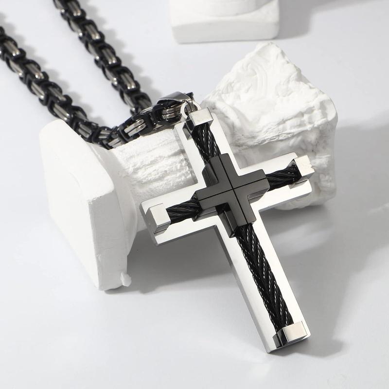 FLORIDECO Stainless Steel Large Cross Chain Silver Gold Black Cross Pendant Byzantine Chain Necklace Cross Necklace for Men ,24