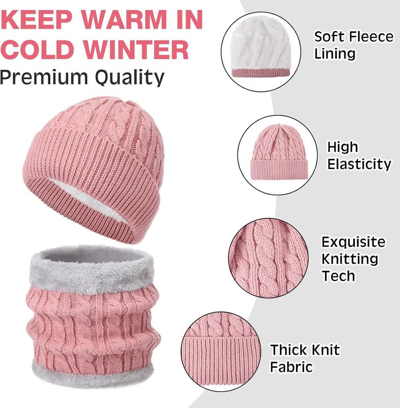 4  Winter Hat Scarf Gloves and Ear Warmers Set, Fleece Lined Knit Hat Scarf Touch Screen Gloves for Women Girl