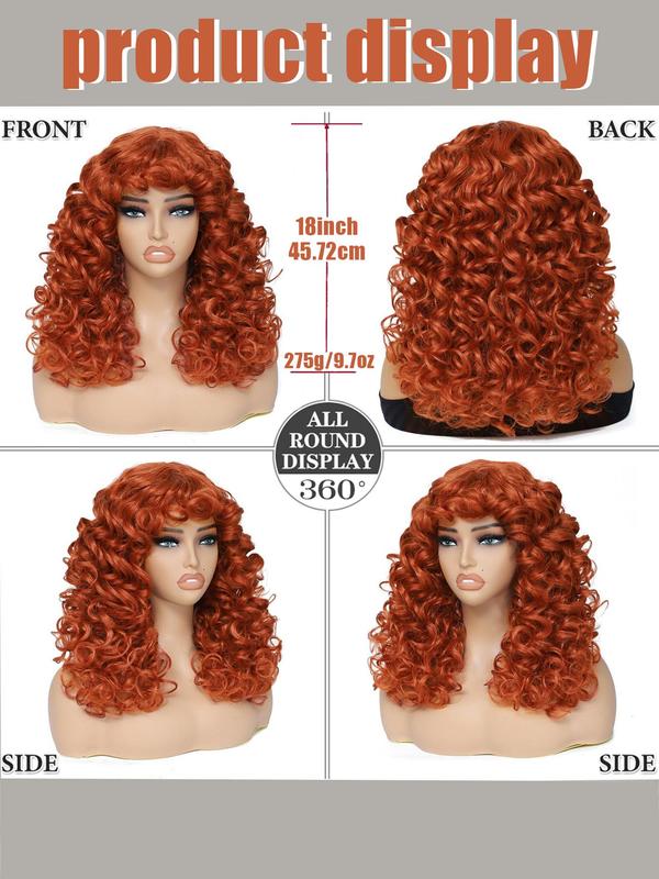 18 Inch Long Afro Curly Wigs for Women & Girls,  Natural Wavy Wig, Gorgeous Fluffy Wigs with Curly Bangs, Glueless Synthetic Hair Wigs for Cosplay & Costume Party, Beginners Glueless Wig Hairstyle Ideas