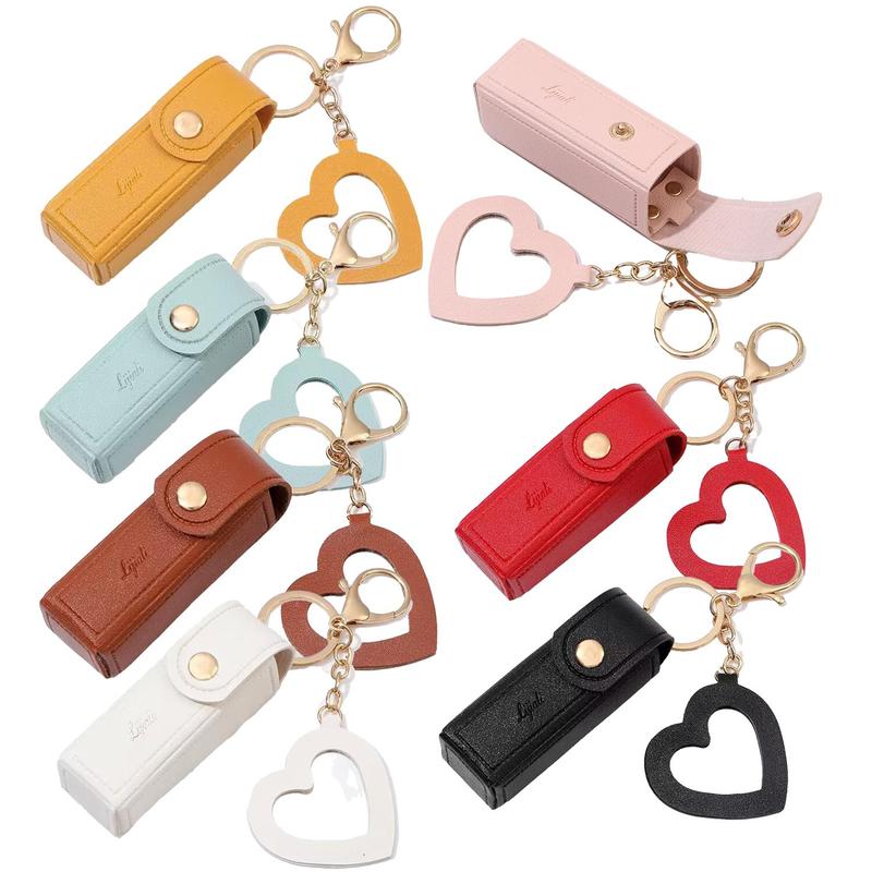 Portable Lipstick Holder Keychain, 1 Count Mini Lipstick Storage Case with Heart Shaped Mirror, Makeup Organizer for Women Girls