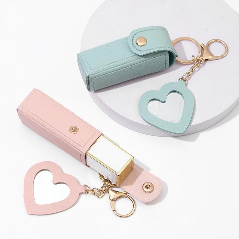 Portable Lipstick Holder Keychain, 1 Count Mini Lipstick Storage Case with Heart Shaped Mirror, Makeup Organizer for Women Girls