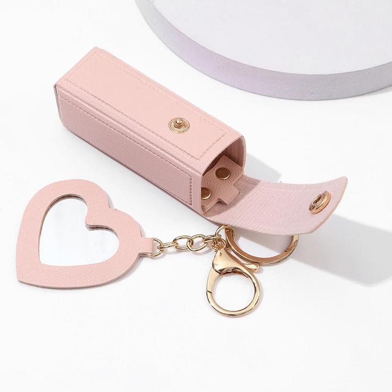 Portable Lipstick Holder Keychain, 1 Count Mini Lipstick Storage Case with Heart Shaped Mirror, Makeup Organizer for Women Girls