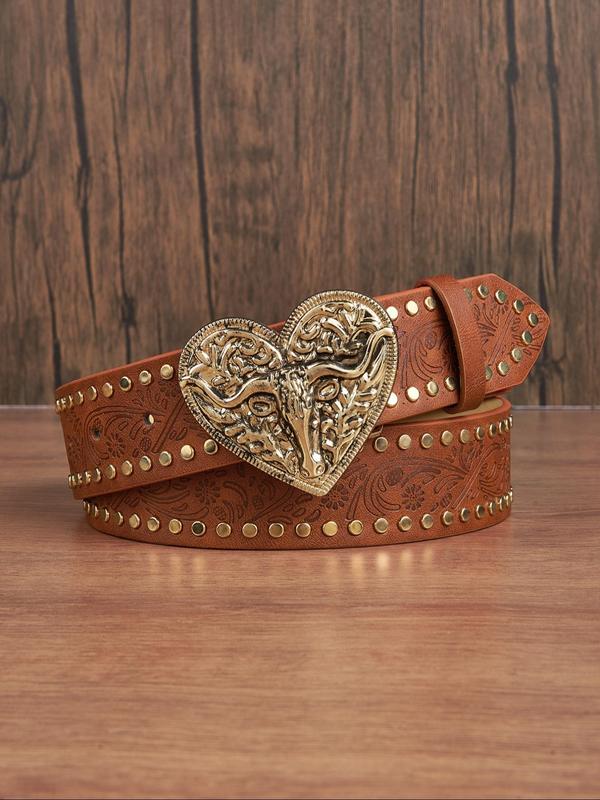 Women's Vintage Western Belt, Fashion Heart Shaped Bull Head Decor Belt for Party, Daily Clothing Decor, Trendy All-match & Exquisite Belt for Birthday Gift