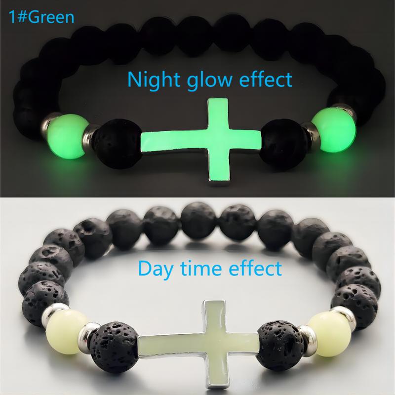 Glow In The Dark Beaded Bracelet Sports Luminous Cross Volcano Stone Beaded Elastic Bracelet for Women Men Energy Healing Bracelet Luck Jewelry Gifts