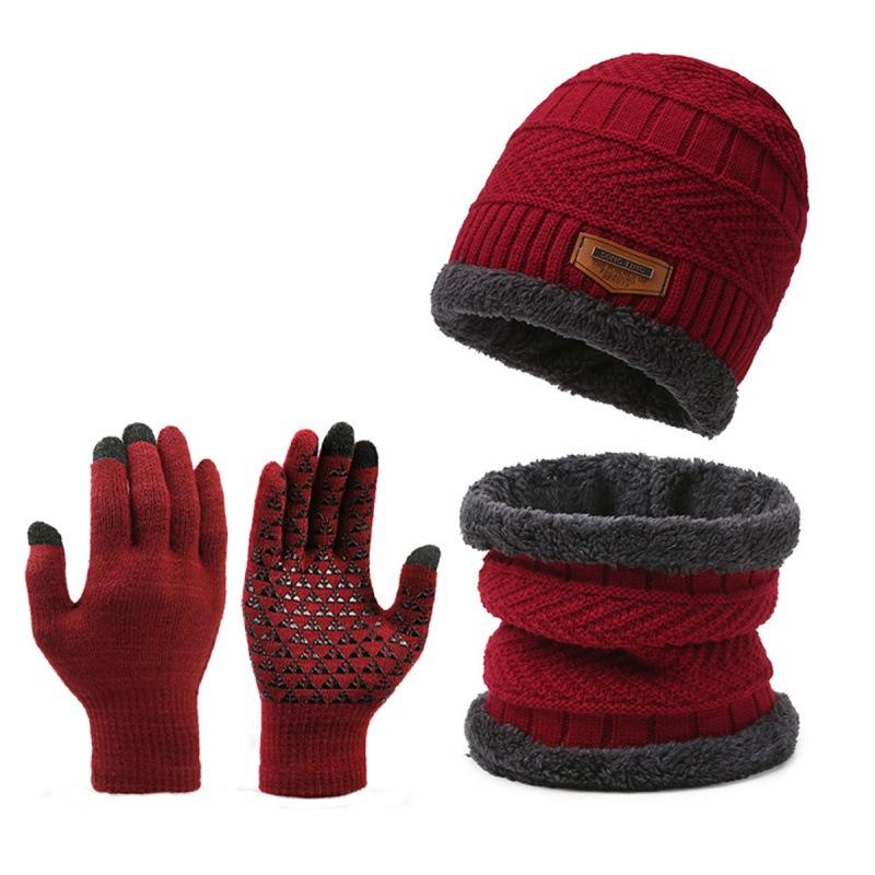 Winter Men's Knitted Hat Suit Scarf Gloves Three-Piece Set Scarf All-in-One Warm Keeping Fleece-Lined Woolen Hat