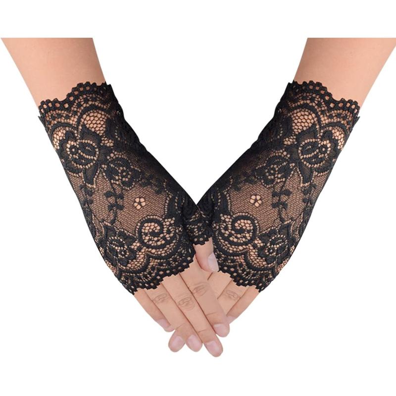 2 Pairs Women's Lace Gloves Fingerless Floral Gloves Bridal Prom Gloves for Wedding Party Costume Accessories