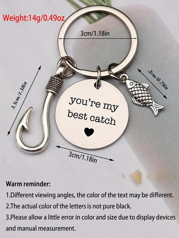 Fashion Letters Heart Print Round Shaped Keychain, with Fish & Fish Hook Charm Decor, Stainless Steel Keychain for Men Women, Car Keys, Bag Decoration