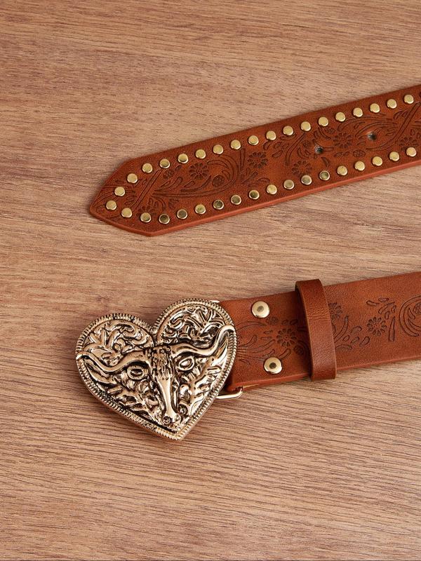 Women's Vintage Western Belt, Fashion Heart Shaped Bull Head Decor Belt for Party, Daily Clothing Decor, Trendy All-match & Exquisite Belt for Birthday Gift