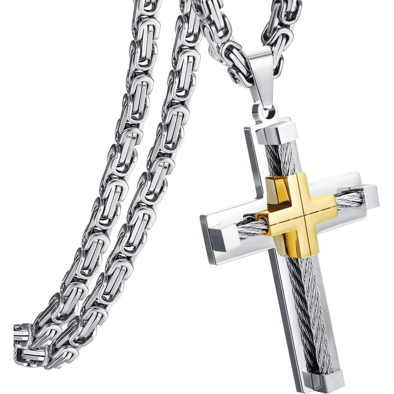 FLORIDECO Stainless Steel Large Cross Chain Silver Gold Black Cross Pendant Byzantine Chain Necklace Cross Necklace for Men ,24