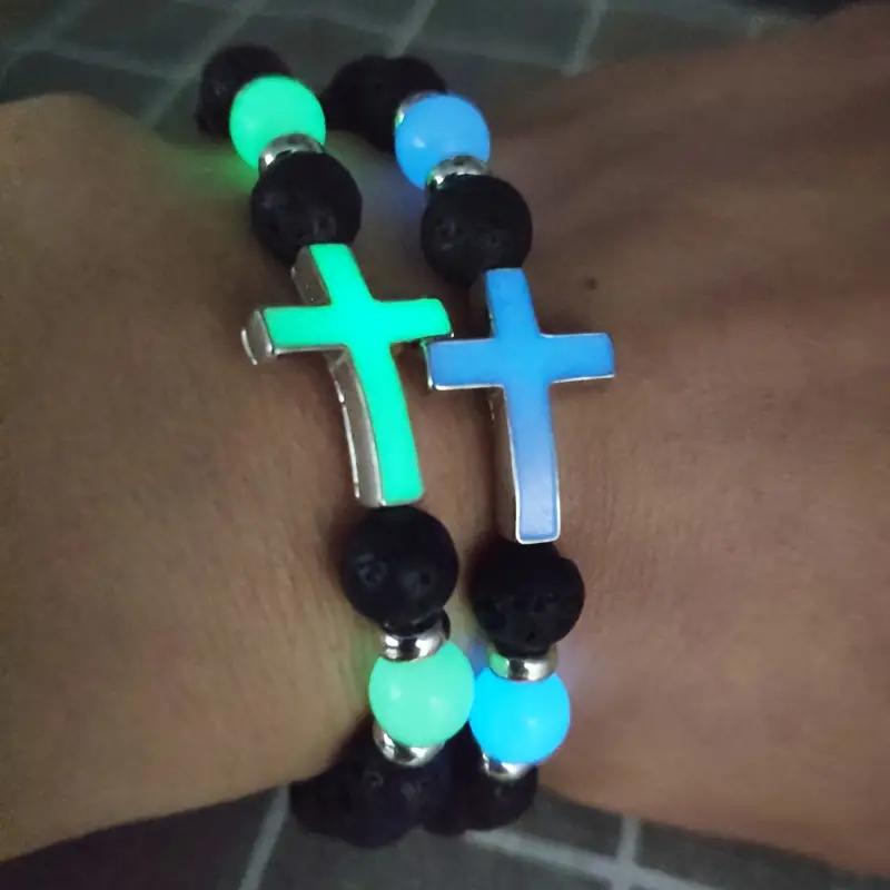 Glow In The Dark Beaded Bracelet Sports Luminous Cross Volcano Stone Beaded Elastic Bracelet for Women Men Energy Healing Bracelet Luck Jewelry Gifts