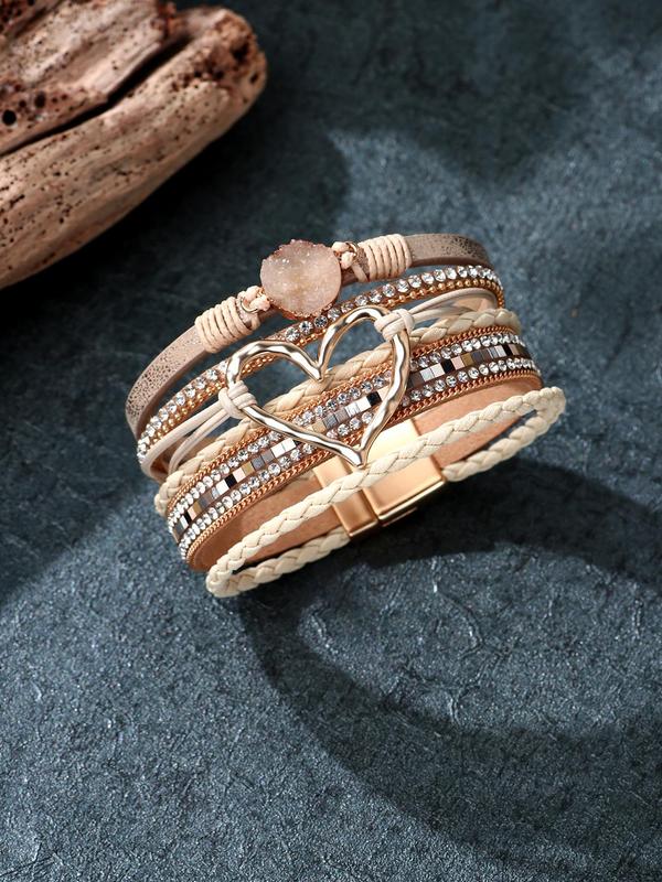 Boho Style Rhinestone & Heart Decorated Multi-layer Bracelet, Magnetic Buckle PU Leather Bracelet, Fashionable Jewelry for Women & Girls, Trendy All-match & Exquisite Jewelry for Birthday Gift