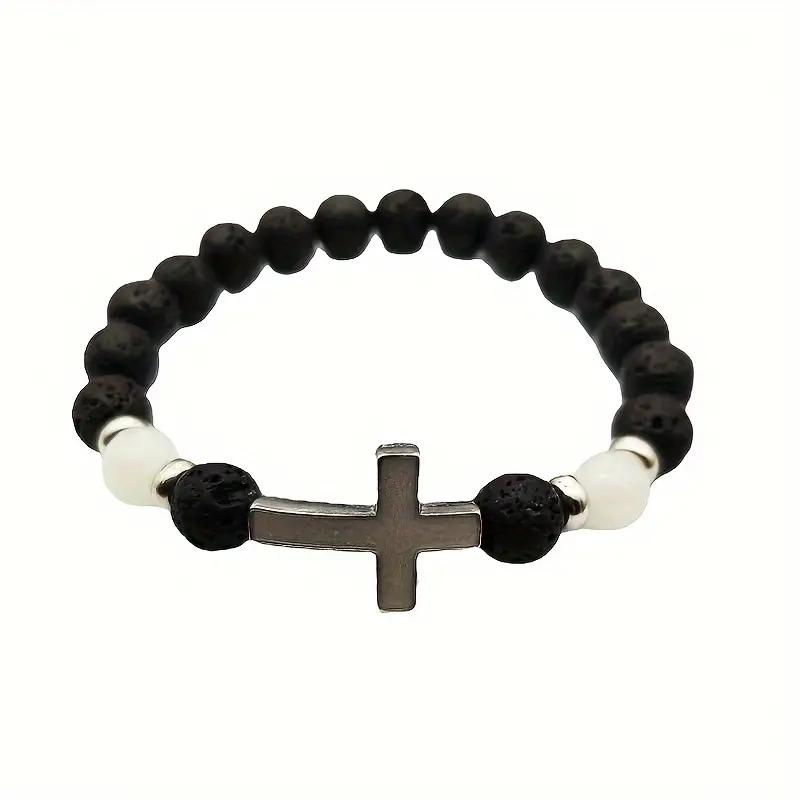 Glow In The Dark Beaded Bracelet Sports Luminous Cross Volcano Stone Beaded Elastic Bracelet for Women Men Energy Healing Bracelet Luck Jewelry Gifts