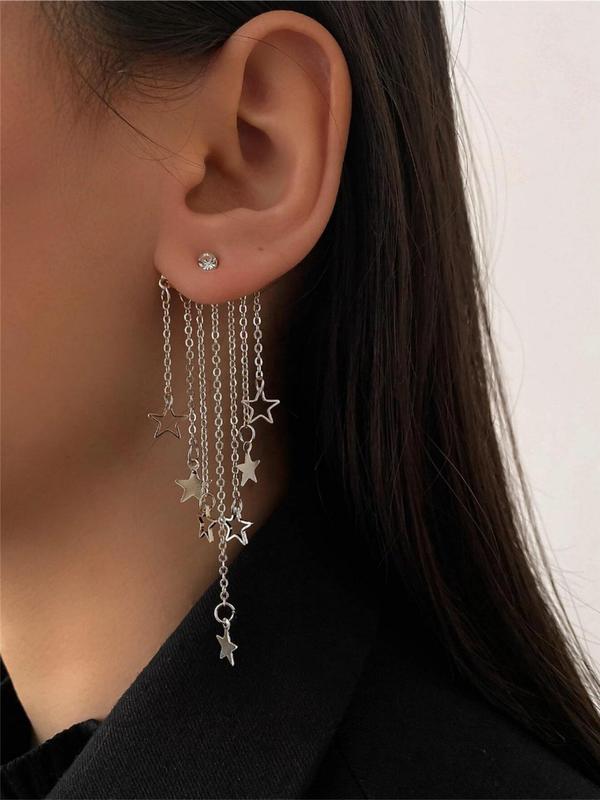 1 Pair Star Design Dangle Earrings, Tassel Chain Decor Earrings For Women For Gift, Girl's Temperament Cloths Accessory For Daily Wear